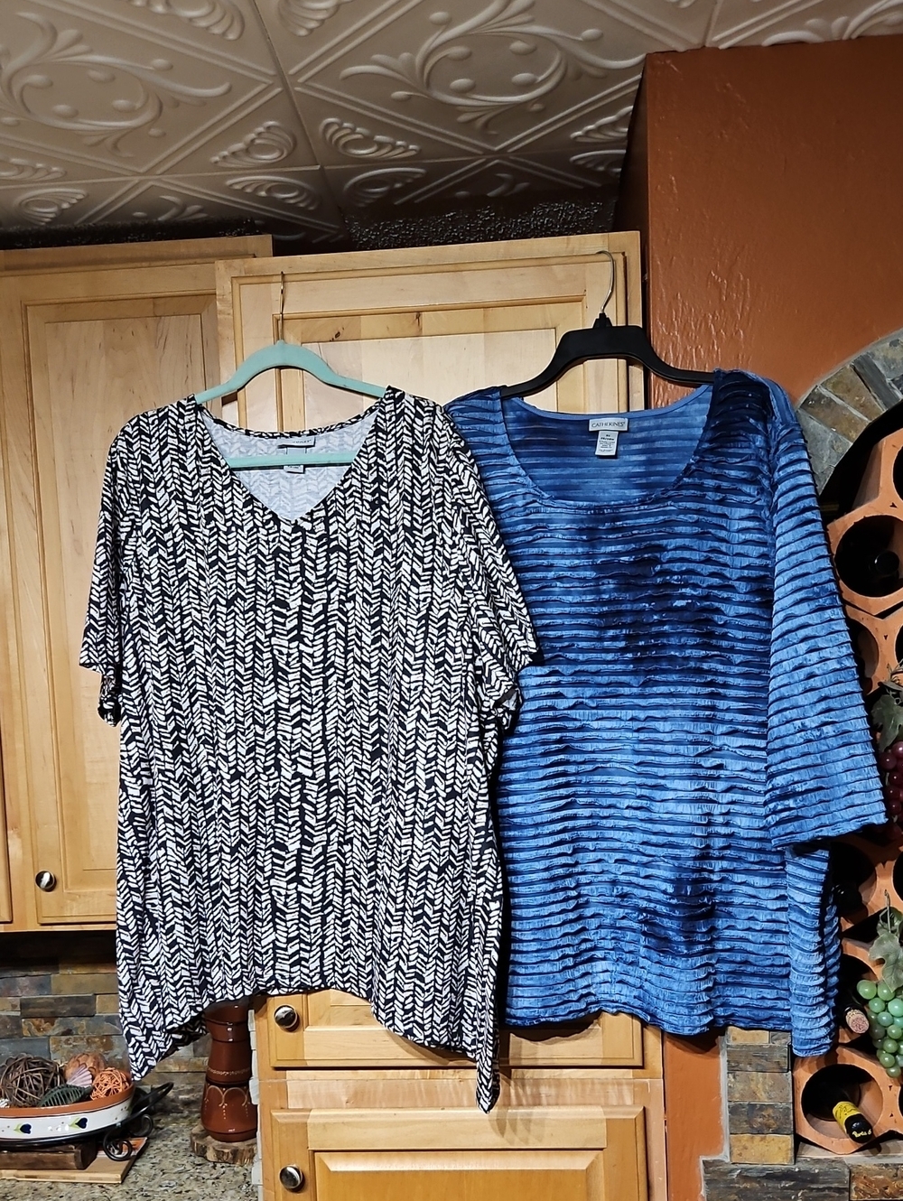 Lot Of 2 Catherines Blue Black White Tan Print Rhinestone Studs Tops
